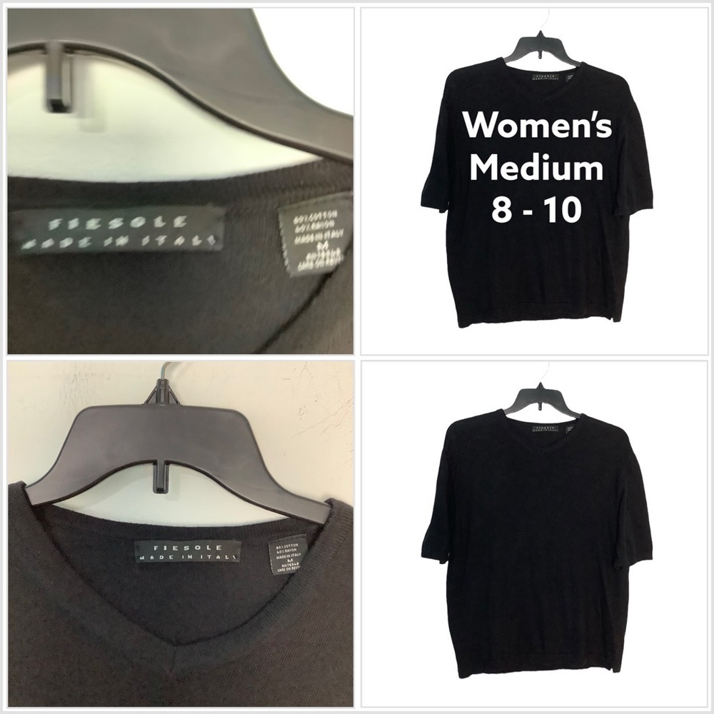 Women's Fiesone Italian M Medium 8 - 10 V-Neck Sweater Black Short Sleeve EUC